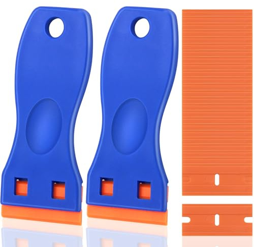 Lunhoo 2pcs Plastic Scraper Tools with 25 Plastic Blades, Multipurpose Non-Scratch Cleaning Scraper Remover for Stickers, Adhesive, Labels, Glass