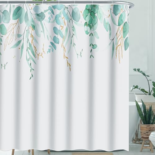 Feagar Tenda da doccia 200 x 240 cm - verde e giallo foglie, impermeabile, antimuffa, ad asciugatura rapida, lavabile, in poliestere per tenda da doccia e vasca da bagno con 12 anelli