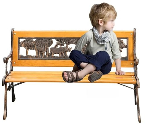 DJJYCTNM Kinderbank für 2 Personen, Gartenbank, Bank Balkon mit Tiermotiv, Mini-Parkbank aus Holz und Gusseisen