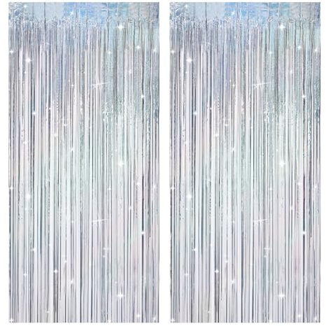 2 Stück Lametta Vorhang,Glitzer Vorhang Geburtstag,Neon Luftschlangen,Silber Glitzervorhang Lametta für Geburtstage,Silberhochzeit Deko,90er Disco Party Deko(1 m x 2,5 m)