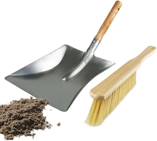VELLUSTRA Ensemble Pelle et Balayett, Pelle Balayette Pelle à Poussière métal Set, Pelle à Poussière en métal à Manche en Bois, Outil de Nettoyage pour Jardin Balayage Extérieur, Argent