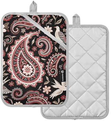 Presine da cucina con motivo cachemire cremisi, motivo floreale, stile boho, nero, per cucina, con tasche, confezione da 2