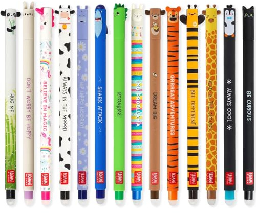 LEGAMI Set mit 14 radierbaren Gelstiften mit thermoempfindlicher Radiertinte, verschiedene Tintenfarben und Schaftdesigns, 0,7 mm Spitze, Tierdesigns, Panda, Hase, Einhorn usw