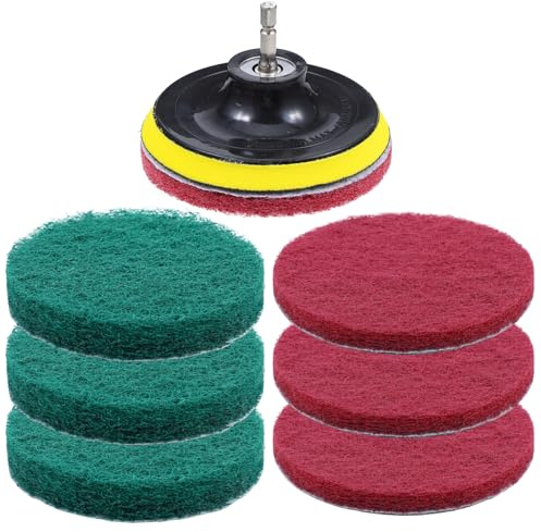 9 Stück Scheuerschwamm 10cm Bohr Bürstenaufsätze Schrubber Set, Hochleistungs Pad Bürsten für Küche Bad, 4 Rot Scrub Pad 4 Grün Fliesenschrubber und 1 Bohrer Aufsatz Universalschaft