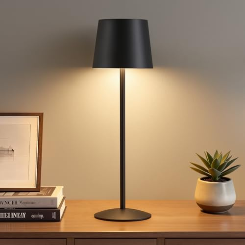 GyroVu Kabellose LED Tischlampe Schwarz, Höhenverstellbar Touch Akku Lampe | Dimmbar Stufenlos, Wiederaufladbar Akku Tischleuchte mit USB-C, IP44 Wasserdicht, Für Camping Esstisch Wohnzimmer Nachttisch