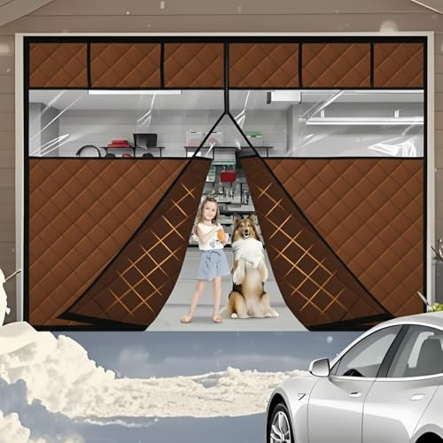 Cortina Térmica Aislante para Puerta de Garaje con Ventana Transparente, Cubierta de Invierno para Garaje Doble con Relleno Grueso de Fibra de Poliéster y Tejido Oxford Resistente(Brown,274x274 cm)