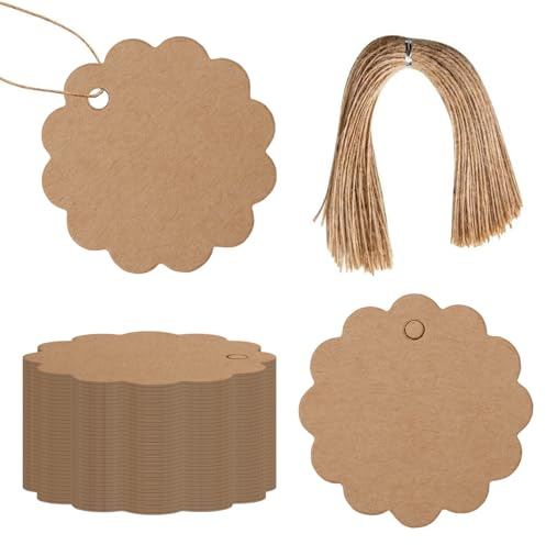 Xynovate 100 Pcs Etiquetas Papel Kraft, Etiquetas de Regalo, Etiquetas de Navidad con Cuerda de Yute para Regalos de Boda, Artesanía Navidad Cumpleaños(Flor 6x6cm-B)