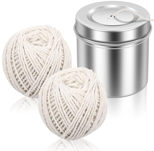 Filato da cucina con scatola dispenser in acciaio inox, 2 pezzi di filati per alimenti, filo di cottura, resistente al calore per legare carne, cuocere, arrostire, progetti fai da te, fai da te