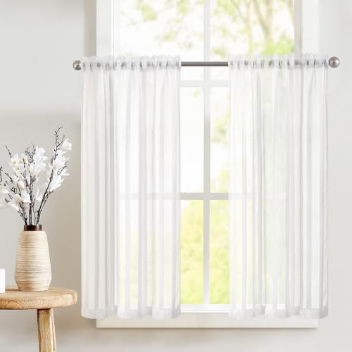 TOPICK Scheibengardinen Streifen Sheer Bistrogadine 2er Set H90xB65 Weiß | Lichtdurchlässig Küchenvorhänge modern Kurzgardine Küchfenster Wohnzimmer landhausstil küchengardinen fenstergardinen Küche
