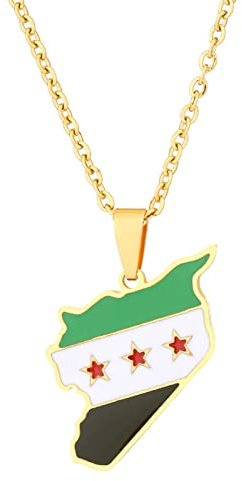 PIEXANGH Collier à breloques en forme de carte syrienne - En acier inoxydable - Pendentif drapeau - Chaîne traditionnelle ethnique syrienne, One Size, Comme décrit, Comme décrit.