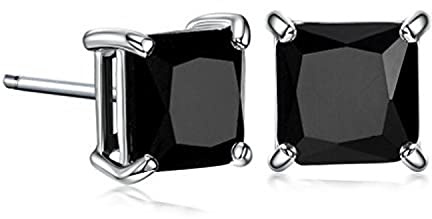 GULICX 7mm Black Stone Diamante CZ Square Studs Pierced White Gold Electroplated Earrings Men Women