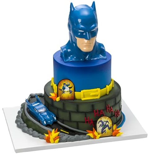 DecoSet® Batman™ to the Rescue Cake Topper, 4 Piece Cake Decoration, Includes Batman™ Case With a Hidden Fold Out Batmobile Launcher, Free Wheeling Batmobile Car, and Joker and Penguin