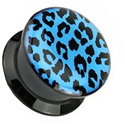 Piersando Ohr Plug Piercing Kunststoff Motiv Comic Picture Flesh Tunnel Ohrplug mit Schraub mit Leopard Animal Print Schwarz 8mm Blau