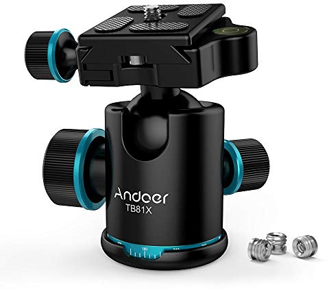 Rotule Caméra, Andoer Tête de Trépied Charge Max 8 kg/17.6lbs Rotatif 360° avec Plaque à Dégagement Rapide de vis 1/4 et Trou de vis 3/8, Rotule Photo en Alliage d'Aluminium pour Caméra et Trépied