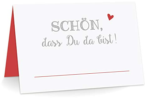 KuschelICH Premium Tischkarten Schön, DASS Du da bist! mit Herz Platzkarten zum selbst Beschriften (Rot, 50)