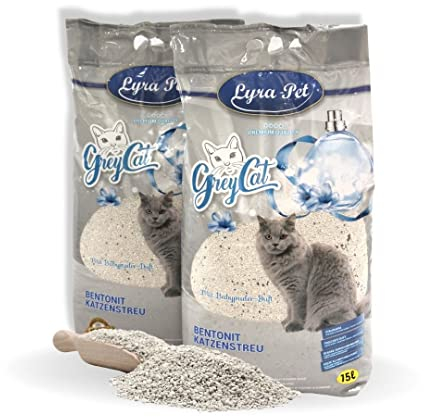 Lyra Pet® | 30 Liter Grey Cat Katzenstreu | Mit Aktivkohle | Mit Babypuder Duft | Feines Klumpstreu | 350% Saugkraft | Naturprodukt aus Bentonit | Saubere Wohnung | Neutralisiert Gerüche | Staubarm