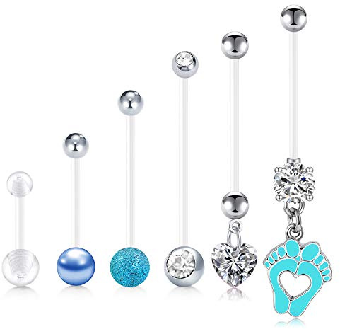 LAURITAMI 6pcs Piercing Ombligo Embarazo Maternidad Acrílico Bioflex 14/18/25/32mm 14G Largo Barbells Pies del Bebé Cuelgan CZ Retainer Piercing Cuerpo Joyería