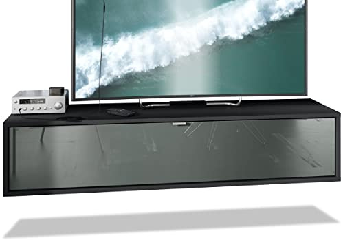 Vladon TV Board Lana 140 Hängeschrank Lowboard 140 x 29 x 37 cm, Made in Germany, Korpus in Schwarz matt, Fronten in Grau Hochglanz | Große Farbauswahl