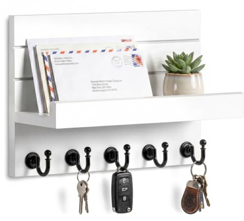 HONJIN Key Holder for Wall: Easy Installation Mail Organizer Wall Mount Hanging Key Rack for Kitchen and Entryway Decor with 5 Sturdy Key Hooks (White)