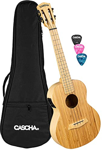Cascha E-Bamboo Natural Tenor Ukulele Erwachsene & Kinder - inkl. 3 Plektren & Tasche - Bambus-Ukulele als Bühnenbegleiter - hochwertige Carbon-Saiten - integriertes Stimmgerät & 3-Band-Equalizer