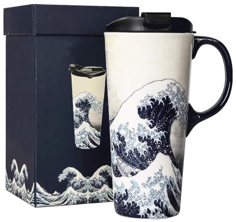 Topadorn Ceramic Coffee Mug with Lid and Handle Ceramic Travel Mug Porcelain Latte Teacup in Color Box 17 Oz, Splash Resistant Lid - To Go Tumbler for Car Cup Holder, Wave Art Mug