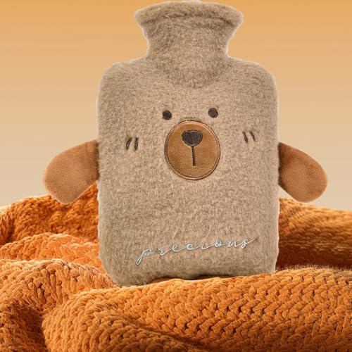 Norhogo Braunbär Wärmflasche mit Bezug Wärmflas-Cherückenwärmer-Kleine-Wärmflasche mit Flauschiger Kaschmir Weicher Bezug, für Bauch Rücken Beine, Geschenke für Familie und Freunde, 2L