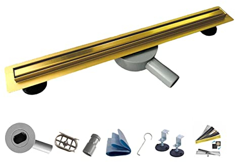 AQUA HEATING Schmaler linearer Edelstahl-Bodenablauf superflach Einbauhöhe 54cm Komplettset für Badezimmer mit bodengleicher Dusche, Duschrinne Set, Duschablauf Siphon Rost 100 cm Gold