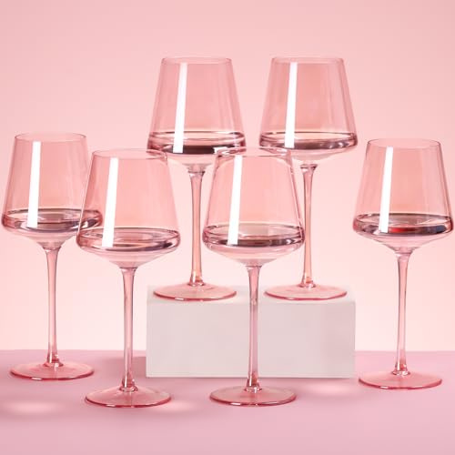 Physkoa Juego de copas de vino rosa de 170 a 396.9 g de cristal soplado a mano con tallo largo, copa de vino rosa para amantes del vino, boda, cumpleaños, día de la madre, regalos para mujeres