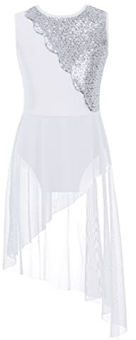 Manyakai Pailletten Tanzkleid Mädchen Latein Standard Glitzer Ärmellos Ballettanzug Ballett Body Mit Unregelmäßig Rock Kinder Ballerinas Kostüm A Weiss 134-140