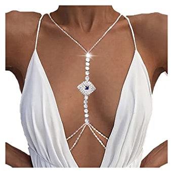 Jerany Körperkette mit Strasssteinen, goldfarbene Kristalle, Körperkette, Augen, Körperschmuck, Strand, Nachtclub, Körperzubehör, sexy Bikini-BH, Körperkette für Damen, A2, Einheitsgröße