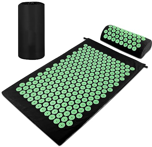 Magrimaxio Set Tappetino Agopressione, Tappetino Massaggiante con Cuscino e Borsa per Trasporto, Tappeto Agopressione, Tappetini per Digitopressione per Alleviare Dolore Alla Schiena e Collo(Verde)