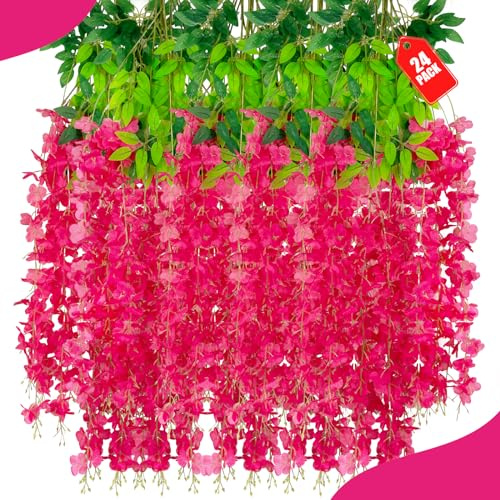 ZEBMOON 24 Stück Fuchsia-Glyzinien-Blumen, künstliche Glyzinien-Girlande, Reben für Hochzeit, Zimmer, Hintergrund, Outdoor, Terrasse, Garten, Dekoration, 10 m