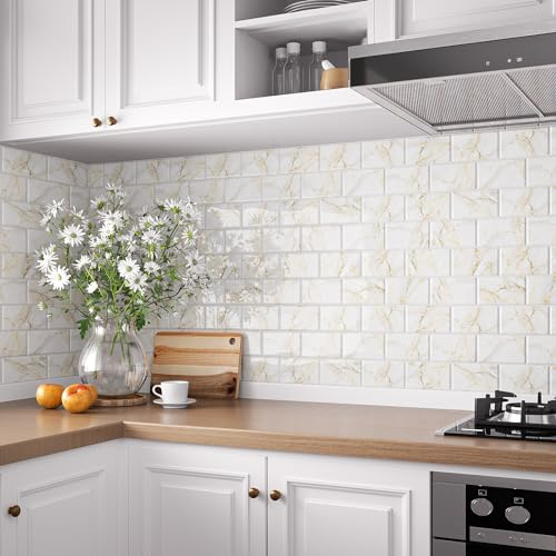 VEELIKE Klebefliesen Marmor Beige Rechteckigen Fliesenaufkleber Badezimmer Fliesenfolie Küche Wandfliesen Selbstklebend Küchenfliesen Überkleben Küchenrückwand Badfliesen 30.5cm×30.5cm 24 Stück