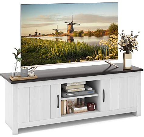 COSTWAY Mueble TV de hasta 65 Pulgadas, Muebles de Salón de 2 Puertas, Mesa Consola Moderna con 2 Estantes de Almacenaje, Centro de Entretenimiento para Cables, 145 x 39,5 x 49,5 cm (Blanco + Marrón)