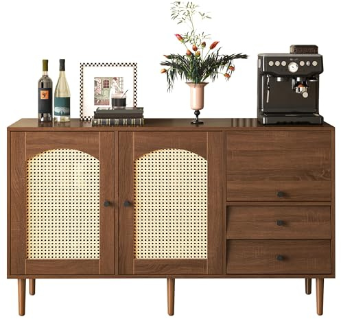 BTM Sideboard mit Rattan Einsatz, 3 Türen und 2 unregelmäßigen Schubladen, Sideboard TV-Schrank für Flur Schlafzimmer Wohnzimmer Esszimmer,Braun,130Lx75Bx40H cm