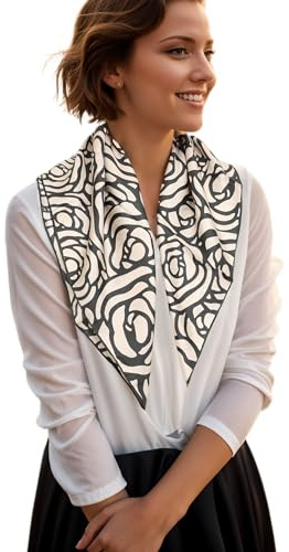 Prettystern sidenhalsduk 65 x 65 cm unisex sidenduk, handrullade kanter, 100 % sidenhalsduk huvudduk för kvinnor och män, 11 vita svarta rosor, 65 cm X 65 cm