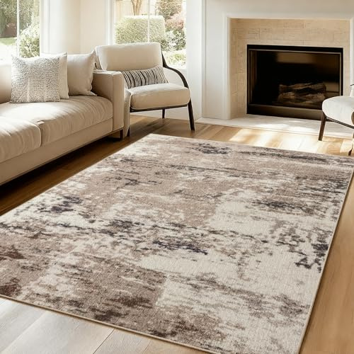 VK·LIVING Rugs for Living Room Upgraded 14.5mm Thick Sponge Soft Modern Abstract Rug Non Slip Carpet Medium Pile for Living Room Bedroom Office Brown 80X150CM