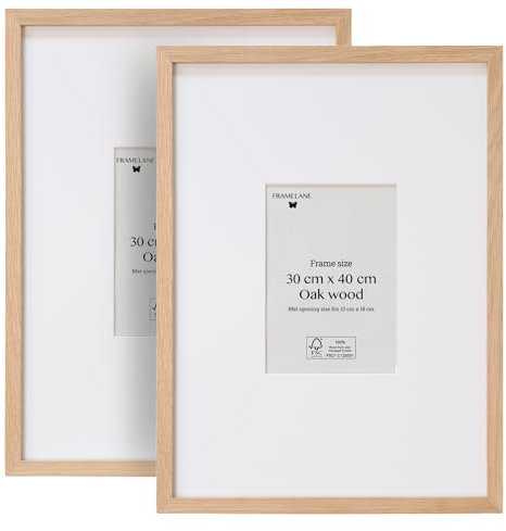 Framelane Set de 2 Marco Madera 30x40 Natural con Vidrio Acrílico Antirrayas y Antirroturas - Marco con Passepartout, Roble Macizo FSC para Fotos y Cuadros