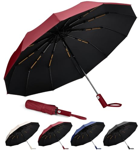 Aolso Sturmfest automatischer Regenschirm, 12 Rippen Regenschirm Starker windsicher, Sonnenschutz, kompakter Reiseschirm, automatisches Öffnen und Schließen, tragbarer Regenschirm (Rot)
