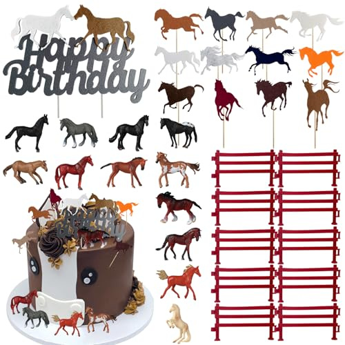 35 Stück Pferderennen-Kuchendekorationen, Pferde-Kuchenaufsätze, Kunststoff-Pferd-Cupcake-Topper, Zäune für Babyparty, Sport, Reitsport, Geburtstag, Motto-Party-Dekorationen