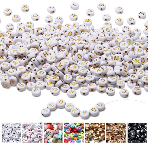 1500 Stück Buchstabenperlen für Armbänder Weiß, 7 mm Acryl Perlen | AWARDSEN Gold Perlen Buchstaben Für DIY Geeignet Halsketten Armbänder handwerk