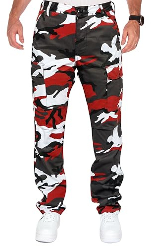 Bikers Gear - Pantaloni da moto da uomo, protettivi, in kevlar, mimetici, con protezioni CE, Rosso mimetico., 52