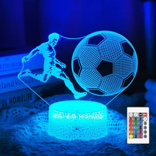 Football Forme Lampe 3D, Yulado Cadeau Foot Garcon Enfants Fille,Conception de Fissures Veilleuse avec télécommande, câble USB inclus, cadeaux de décoration de chambre pour garçons et filles