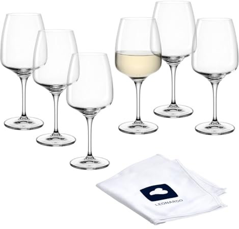 LEONARDO HOME Cesti 040970 - Juego de 6 copas de vino blanco con paño de pulido, 360 ml, aptas para lavavajillas, resistentes a los golpes, elegantes copas de vino blanco con mango bajo, para uso