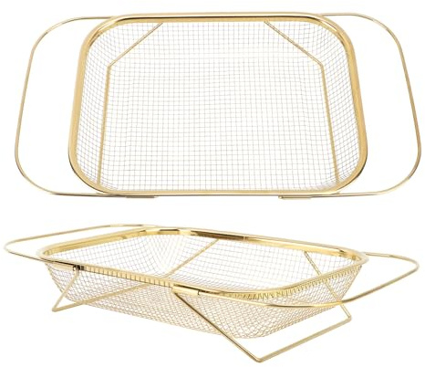 Over Sink Colander, Stainless Steel Sink Drain Strainer Basket with Handles Fine Mesh Expandable Rectangle Mesh Strainer for Kitchen (Gold)
