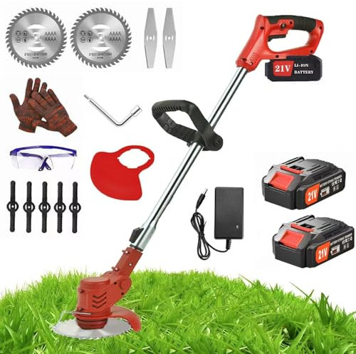 Decespugliatore a Batteria, Tagliabordi a Batteria 21V Decespugliatore Elettrico Senza Filo con 3 Tipi di Lama, Testina Regolabile, Maniglia Telescopica, Decespugliatori da Prato e Giardino