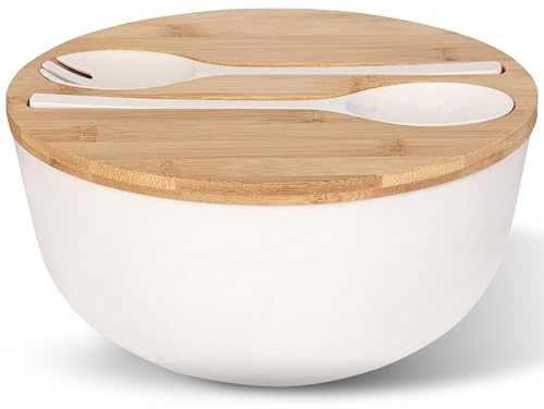 CoreGourmet Insalatiera in legno con coperchio, cucchiaio e forchetta, 24,9 cm, grande set di miscelazione in fibra di bambù, ciotola leggera per cucina, pasta, frutta, verdura
