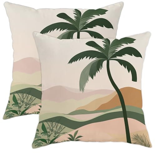 Juego de 2 fundas de almohada tropicales, fundas de almohada decorativas de hojas de palma verde, almohadas de verano para decoración del hogar y sala de estar, 16 x 16 pulgadas