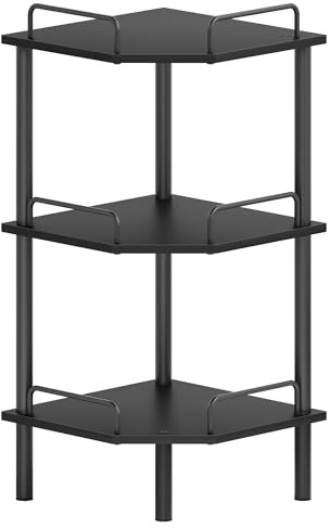 Tajsoon 3 Tier Corner Shelf Stand, Standing Corner Shelf Unit, Black | Small Corner Table with Edge Protection Fence, Industrial Corner Shelves Unit for Bedroom, Living Room, Office, Kitchen