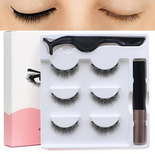 Magnetiska ögonfransar, limfria magnetiska ögonfransar med snabbtorkande magnetisk eyeliner, 3D naturliga konstgjorda ögonfransar, magnetögonfransset, återanvändbara (3 par, 5–10 mm)